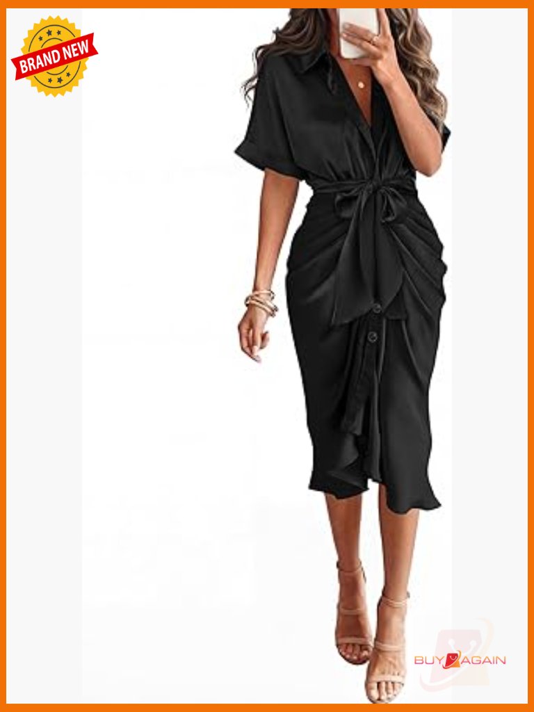 Women's Button Short Sleeve Satin Maxi Dress Ruched Cocktail Party